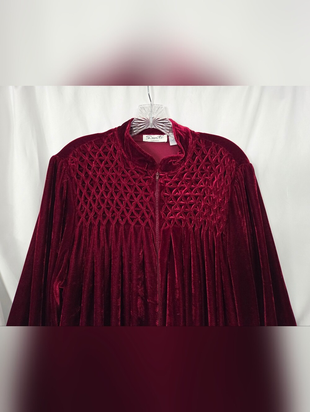Sante' Classic Velor Long Robe in Deep Burgundy with Smocked Yoke Size L